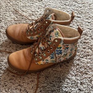 Rifle Paper Co. Tan Floral Lace Up Boots